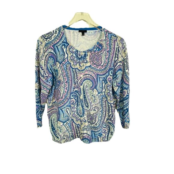 Talbots Size L Blue Purple Paisley Print Button Front Cardigan Sweater 3/4 Slv - Picture 1 of 6